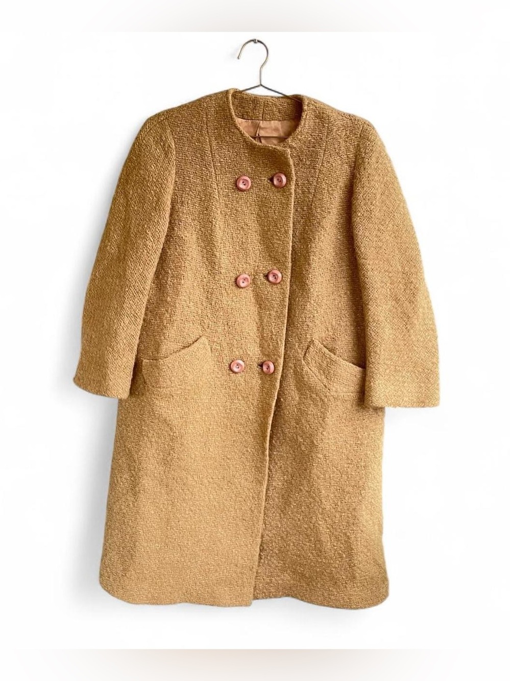 Vintage 60s Bradley New York Camel Bouclé Swing Coat Pink Buttons - S/M